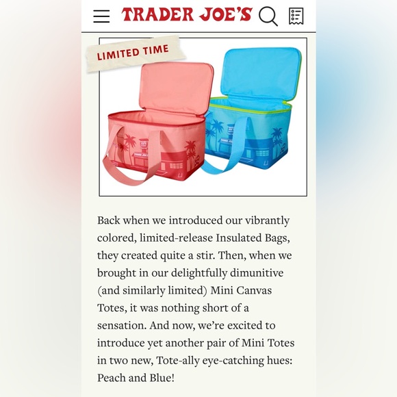 Two Trader Joe's Peach and Blue Insulated Small Lunch Tote Bags NWT pair - Picture 2 of 2